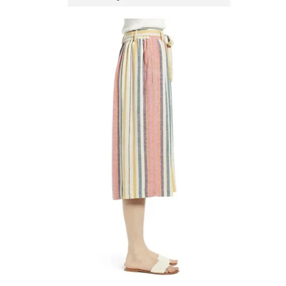 BP Womens A Line‎ Skirt Beige Yellow Stripe Midi Po